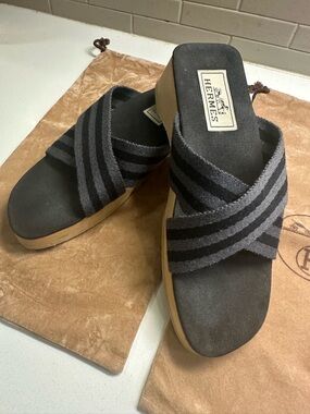 Hermès Black and Gray Striped Canvas Wedges